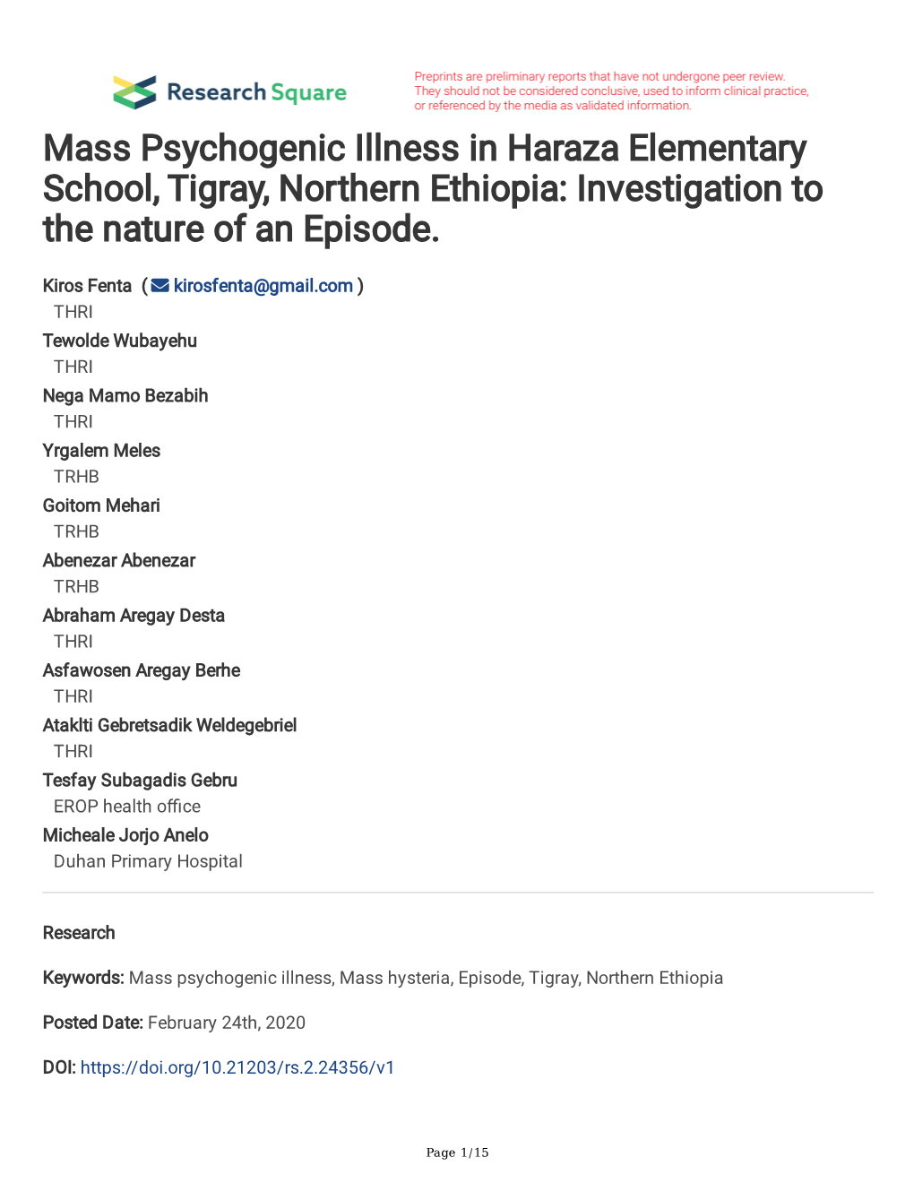 Mass Psychogenic Illness in Haraza Elementary School, Tigray, Northern Ethiopia: Investigation to the Nature of an Episode