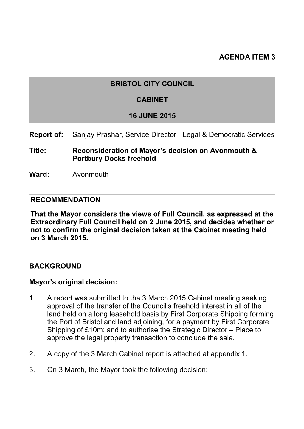 Agenda Item 3 Bristol City Council Cabinet 16 June 2015