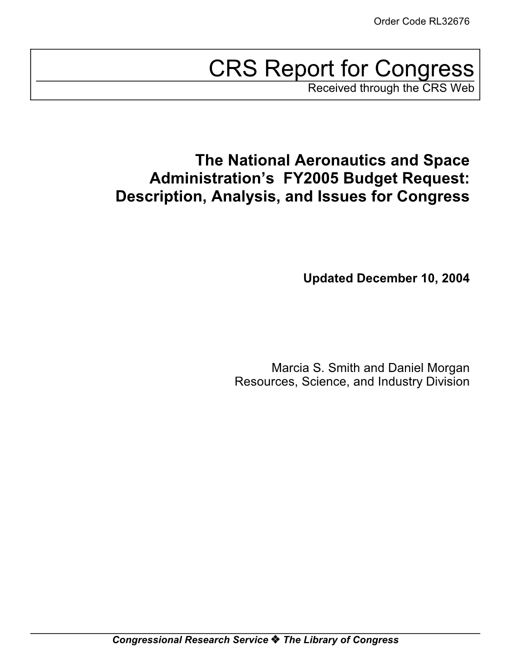 The National Aeronautics and Space Administration's FY2005 Budget