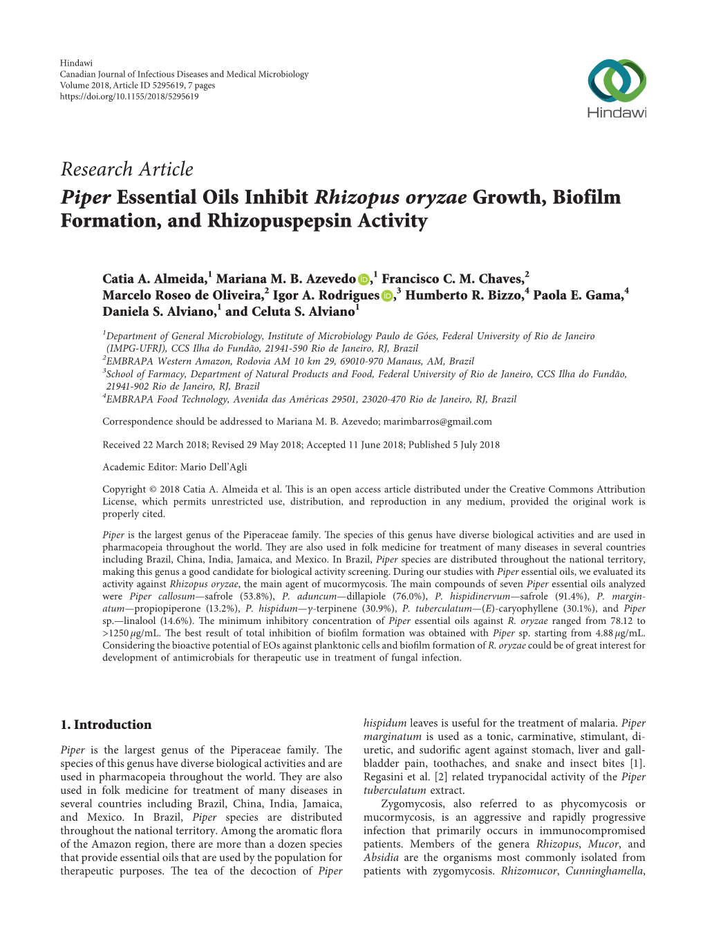 Piper Essential Oils Inhibit Rhizopus Oryzae Growth, Biofilm Formation, and Rhizopuspepsin Activity