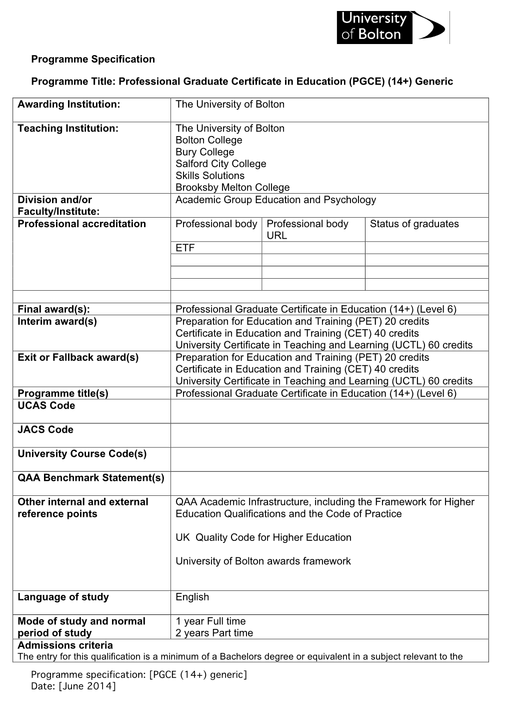 Professional Graduate Certificate in Education (PGCE) (14+) Generic