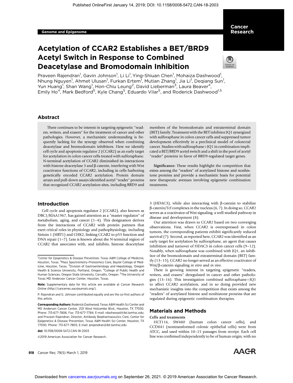 Acetylation of CCAR2 Establishes a BET/BRD9 Acetyl Switch In