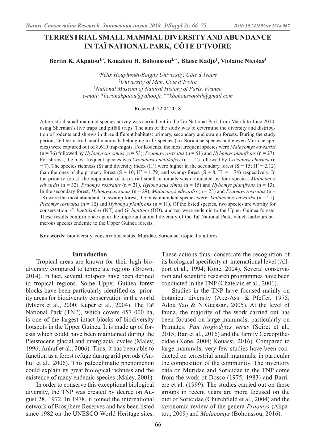 Terrestrial Small Mammal Diversity and Abundance in Taï National Park, Côte D’Ivoire