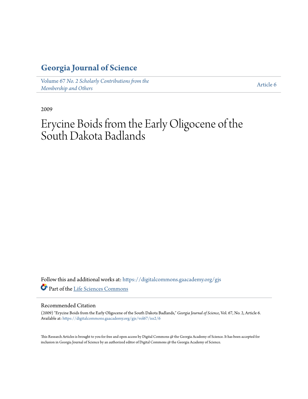 Erycine Boids from the Early Oligocene of the South Dakota Badlands