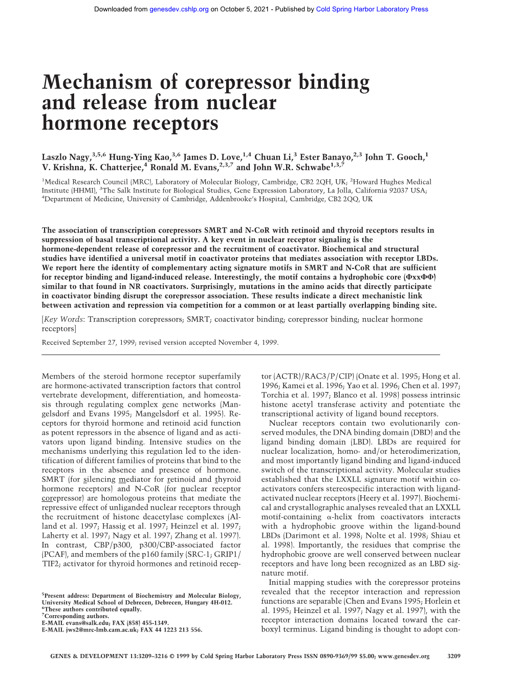 Mechanism of Corepressor Binding and Release from Nuclear Hormone Receptors
