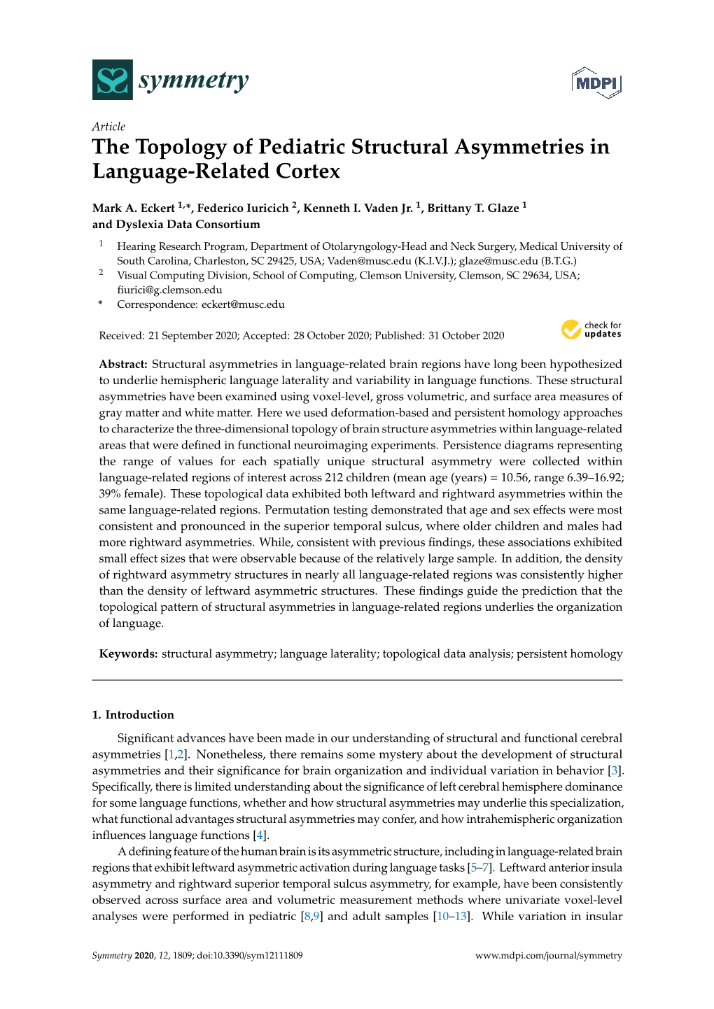 The Topology of Pediatric Structural Asymmetries in Language-Related Cortex
