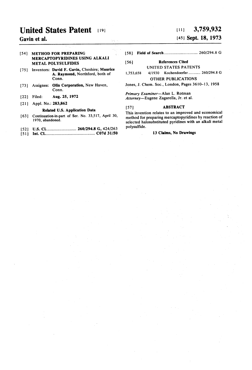 United States Patent 19 (1) 3,759,932 Gavin Et Al