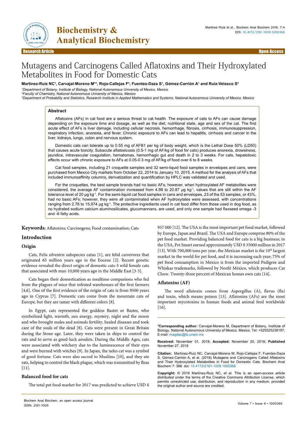 Mutagens and Carcinogens Called Aflatoxins and Their Hydroxylated Metabolites in Food for Domestic Cats