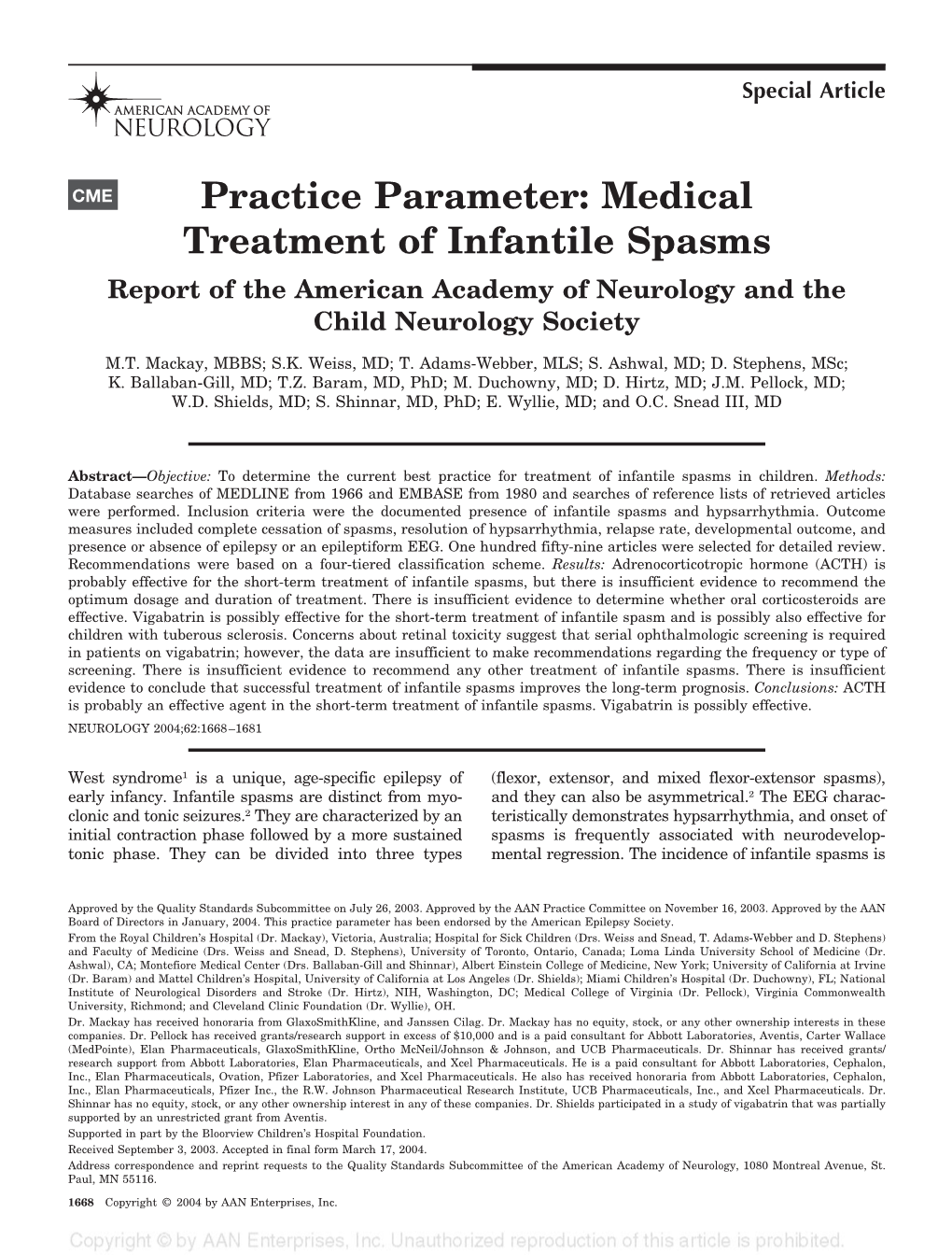 Practice Parameter: Medical Treatment of Infantile Spasms Report of the American Academy of Neurology and the Child Neurology Society