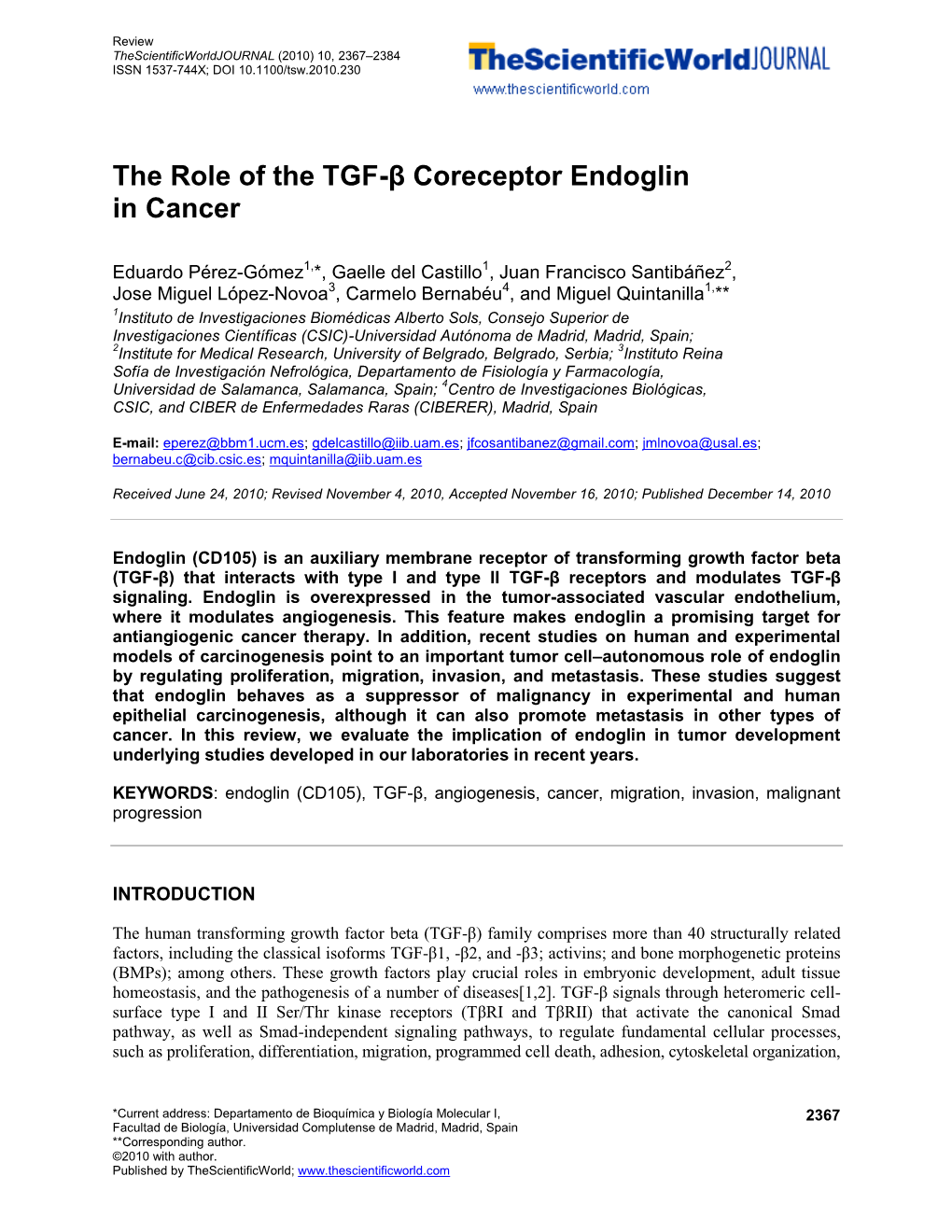 The Role of the TGF-Β Coreceptor Endoglin in Cancer