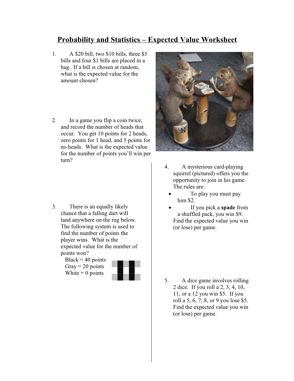 Probability and Statistics Expected Value Worksheet