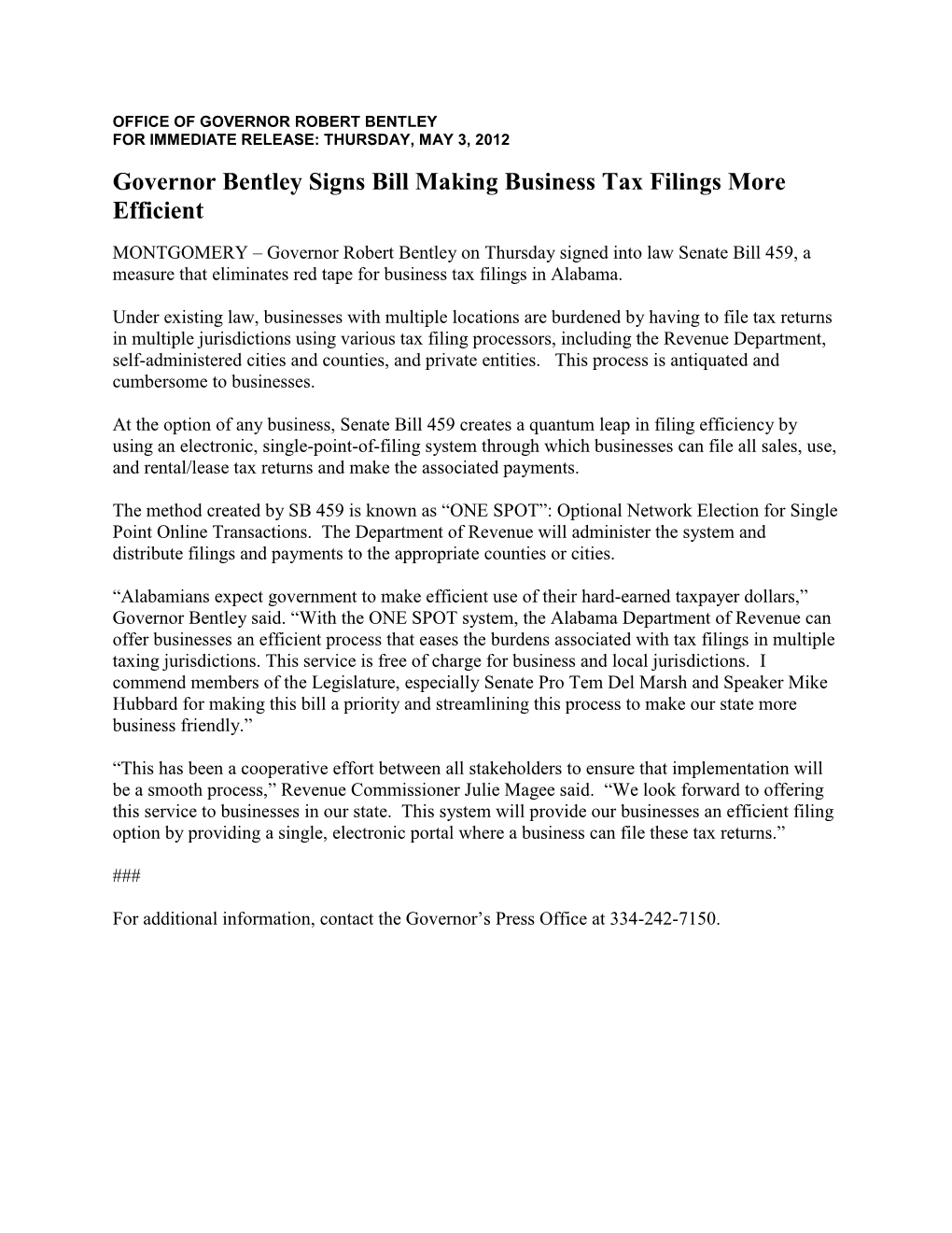 Governor Bentley Signs Bill Making Business Tax Filings More Efficient