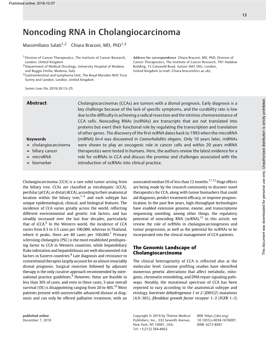 Noncoding RNA in Cholangiocarcinoma