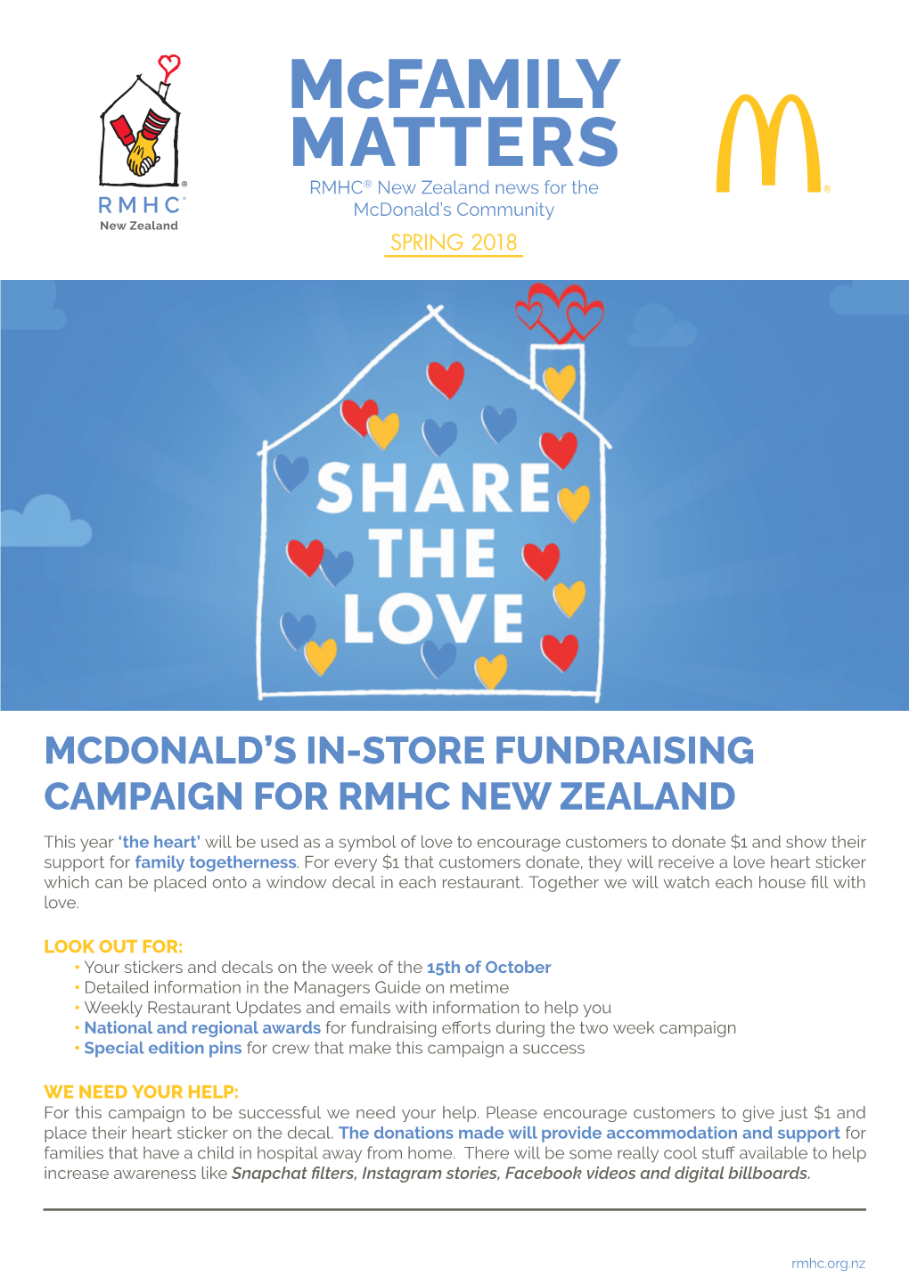 Mcfamily MATTERS RMHC® New Zealand News for the Mcdonald’S Community New Zealand SPRING 2018