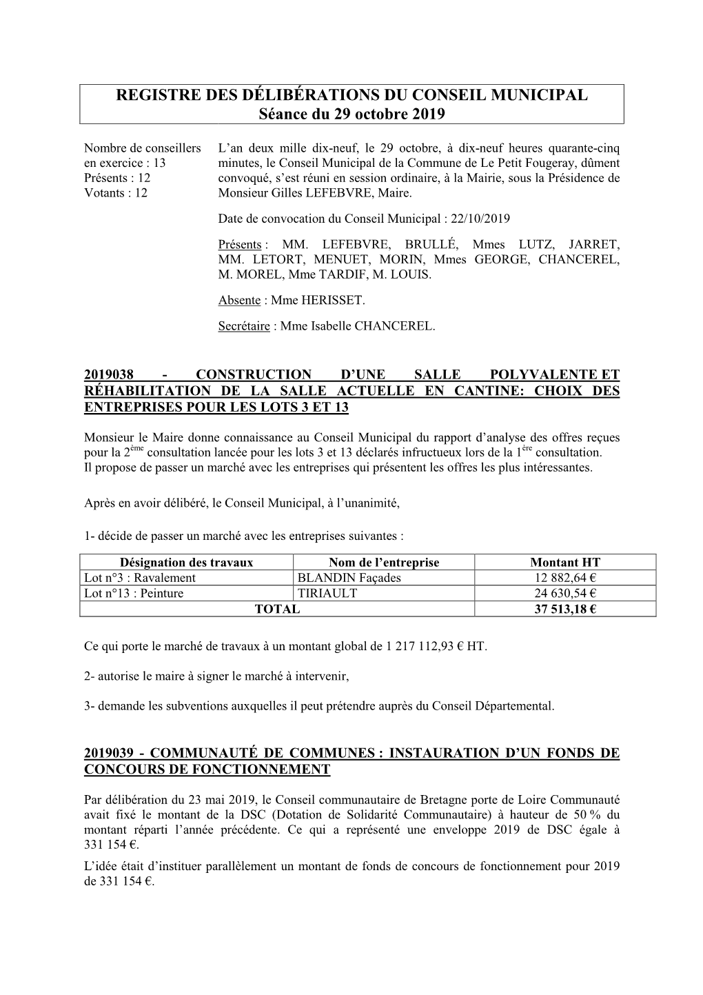 REGISTRE DES DÉLIBÉRATIONS DU CONSEIL MUNICIPAL Séance Du 29 Octobre 2019