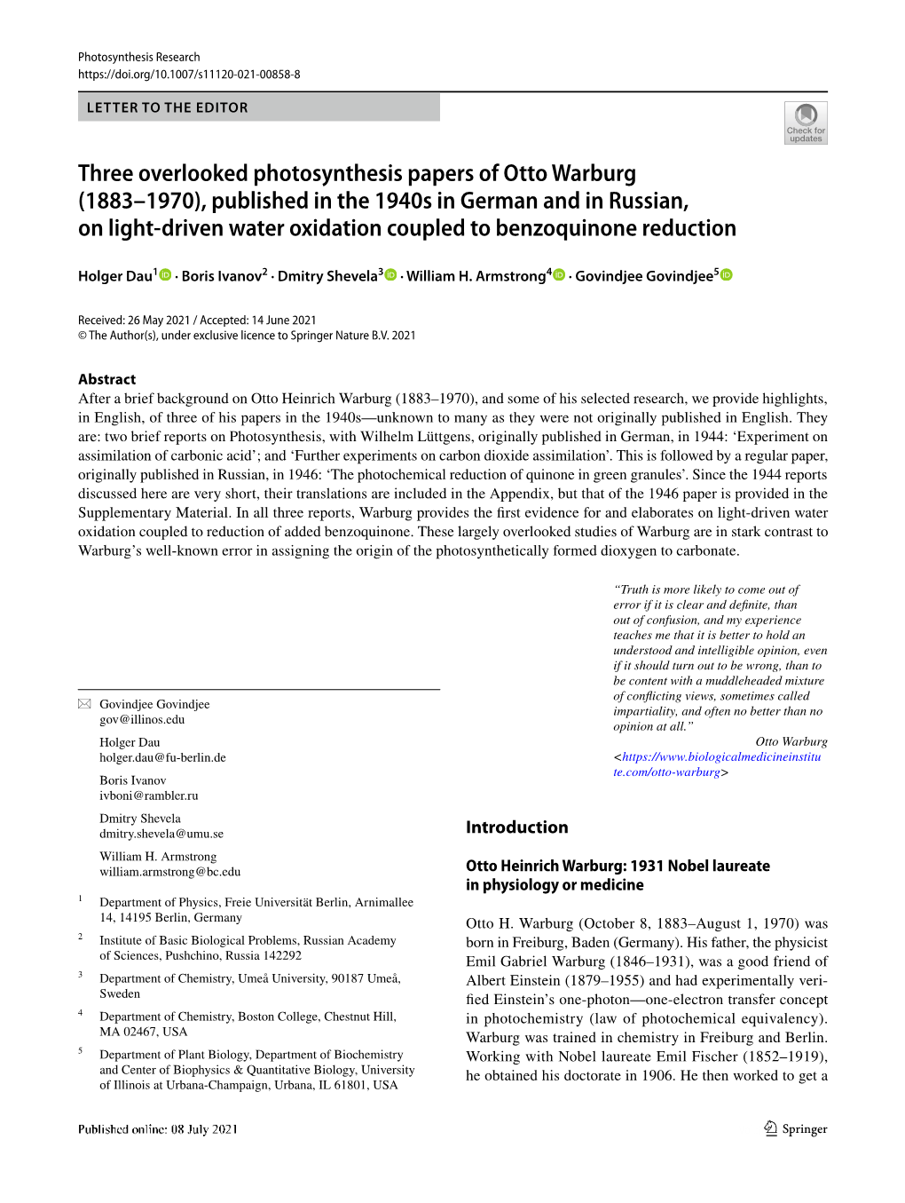 Three Overlooked Photosynthesis Papers of Otto Warburg