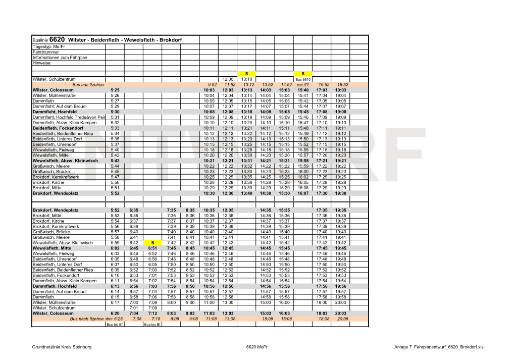 Buslinie 6620 Wilster - Beidenfleth - Wewelsfleth - Brokdorf Tagestyp: Mo-Fr Fahrtnummer Informationen Zum Fahrplan Hinweise