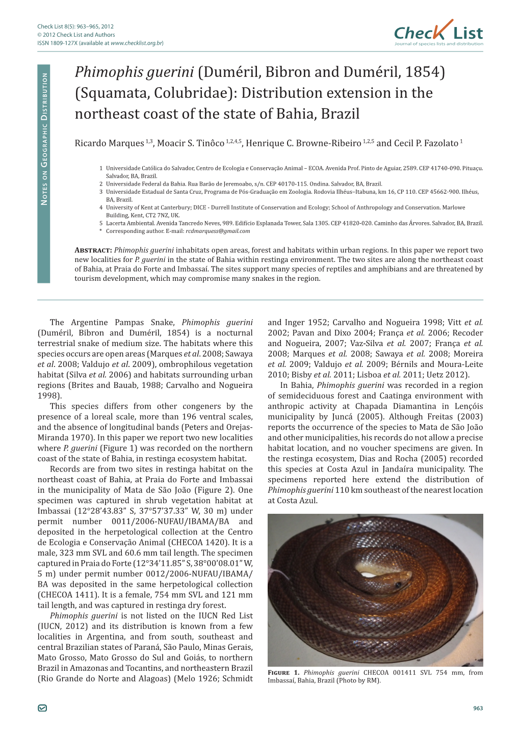 Check List 8(5): 963–965, 2012 © 2012 Check List and Authors Chec List ISSN 1809-127X (Available at Journal of Species Lists and Distribution