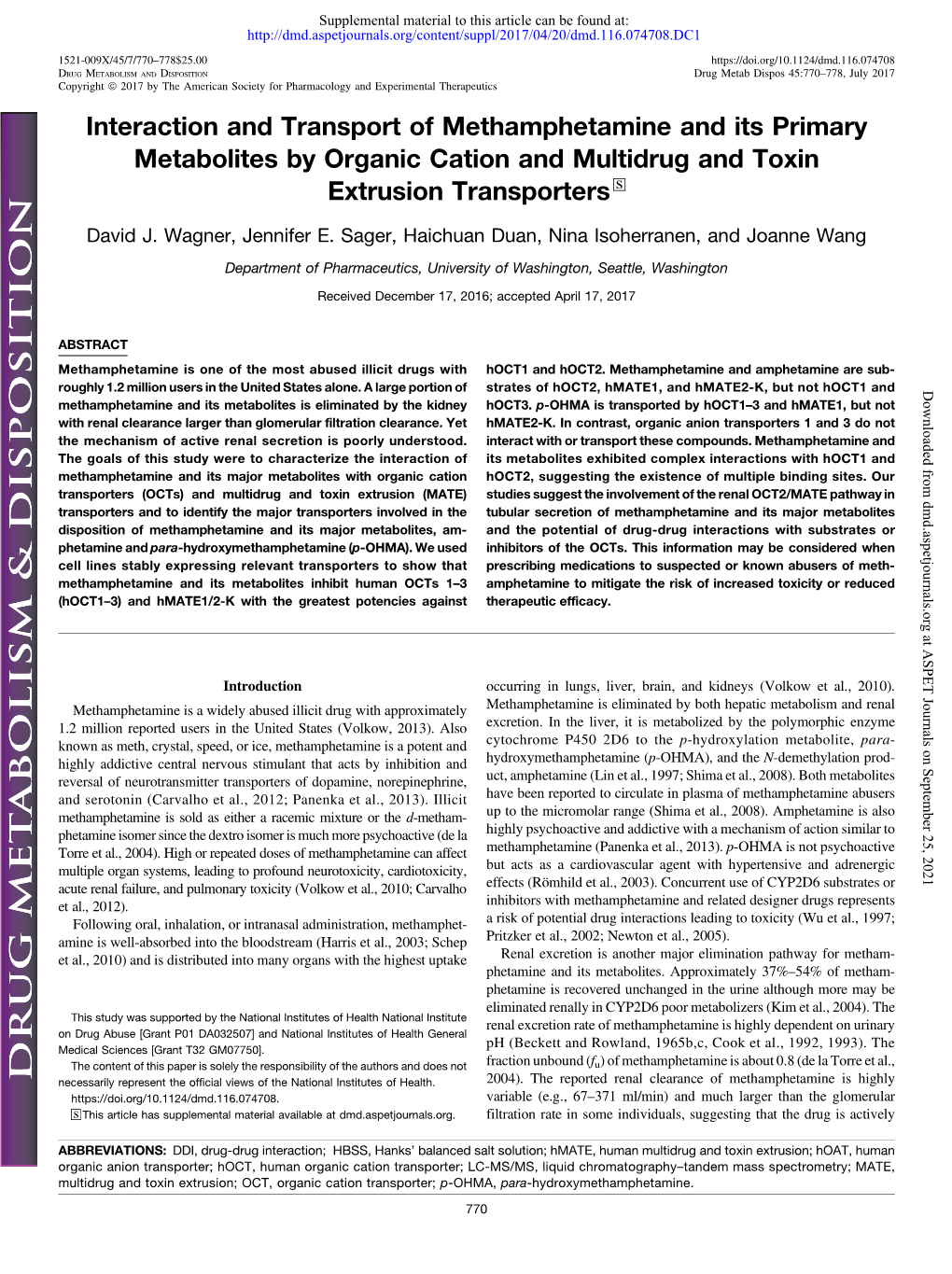 Interaction and Transport of Methamphetamine and Its Primary Metabolites by Organic Cation and Multidrug and Toxin Extrusion Transporters S