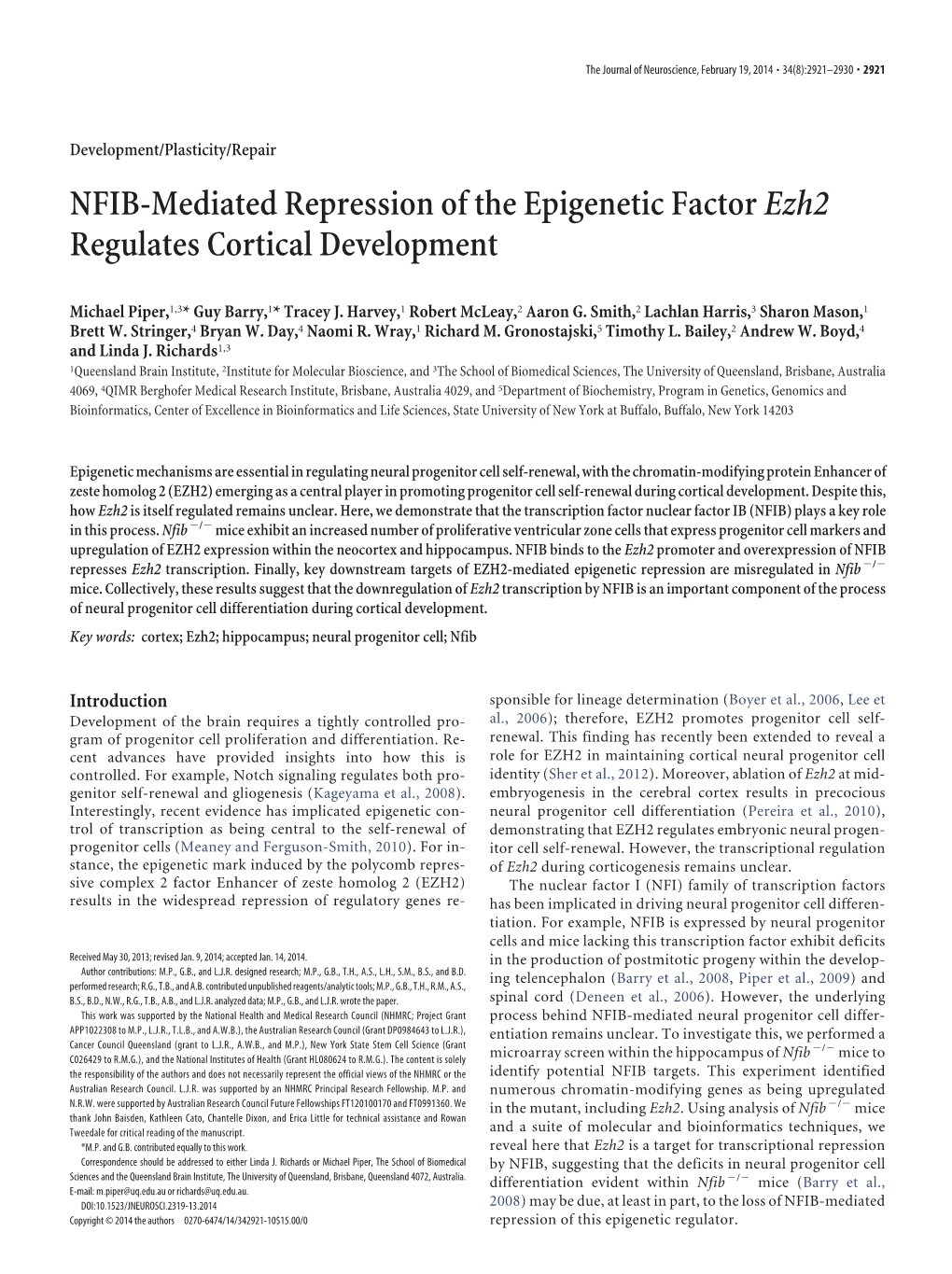 NFIB-Mediated Repression of the Epigenetic Factorezh2 Regulates