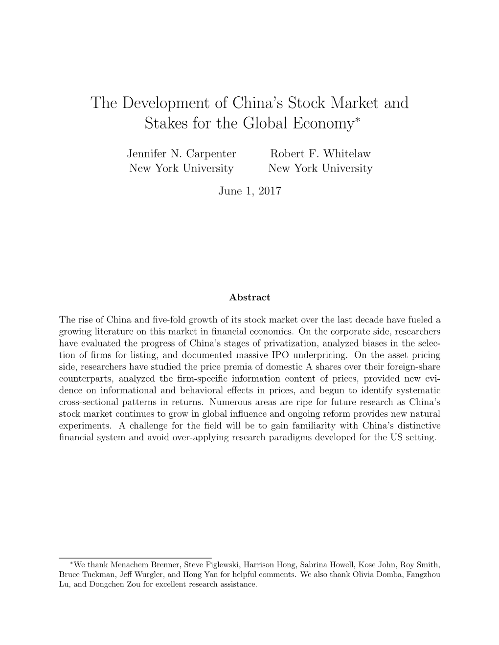 The Development of China's Stock Market and Stakes for the Global