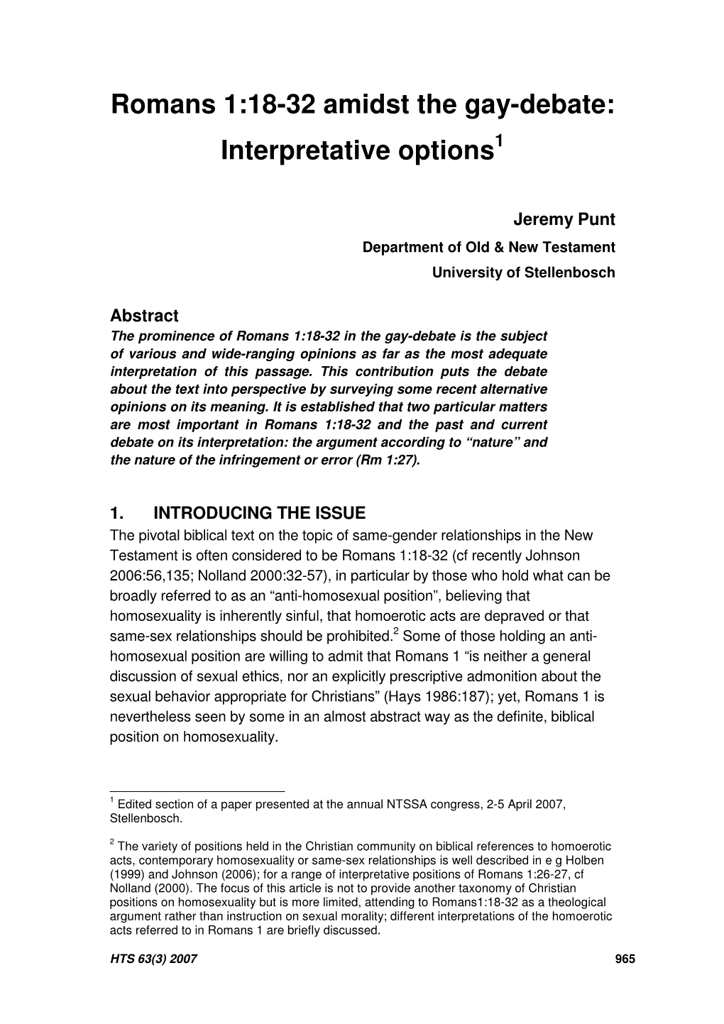 Romans 1:18-32 Amidst the Gay-Debate: Interpretative Options1