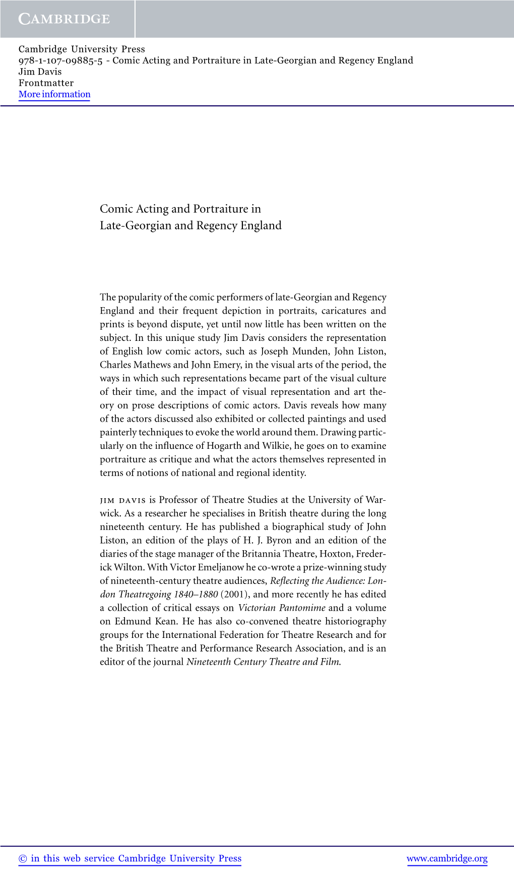 Comic Acting and Portraiture in Late-Georgian and Regency England Jim Davis Frontmatter More Information