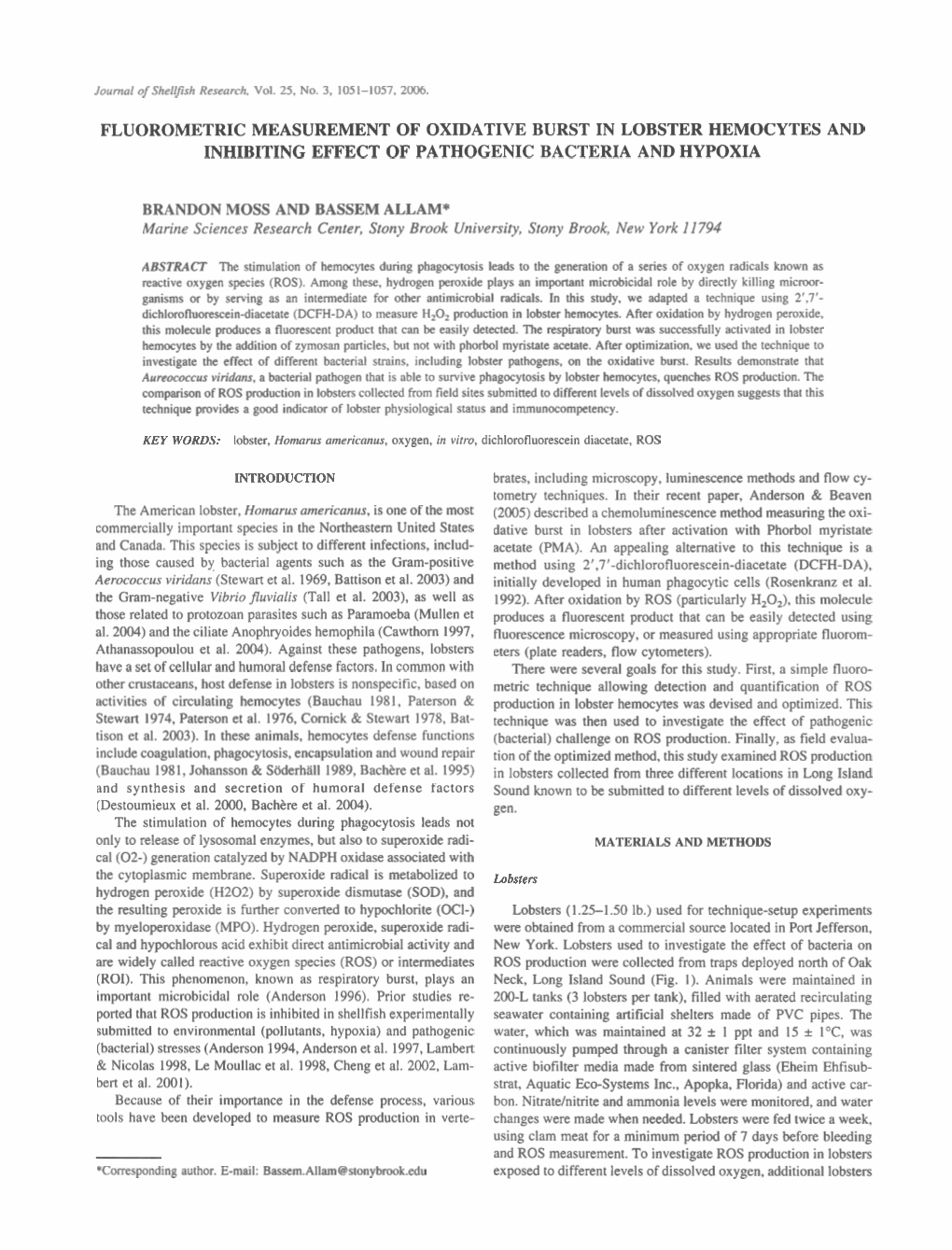 Fluorometric Measurement of Oxidative Burst in Lobster Hemocytes and Inhibiting Effect of Pathogenic Bacteria and Hypoxia