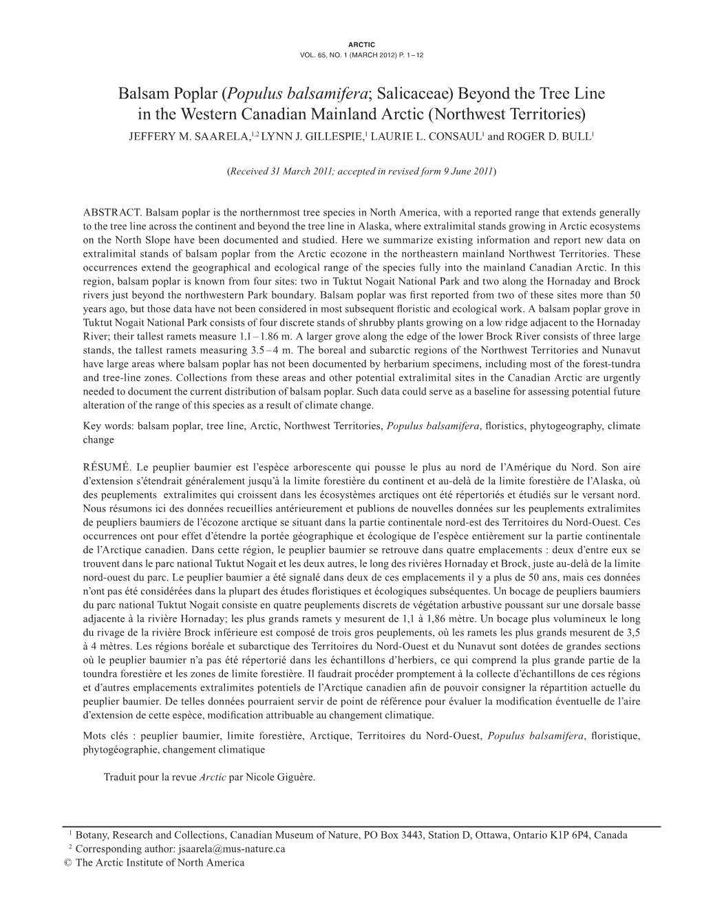 Balsam Poplar (Populus Balsamifera; Salicaceae) Beyond the Tree Line in the Western Canadian Mainland Arctic (Northwest Territories) JEFFERY M