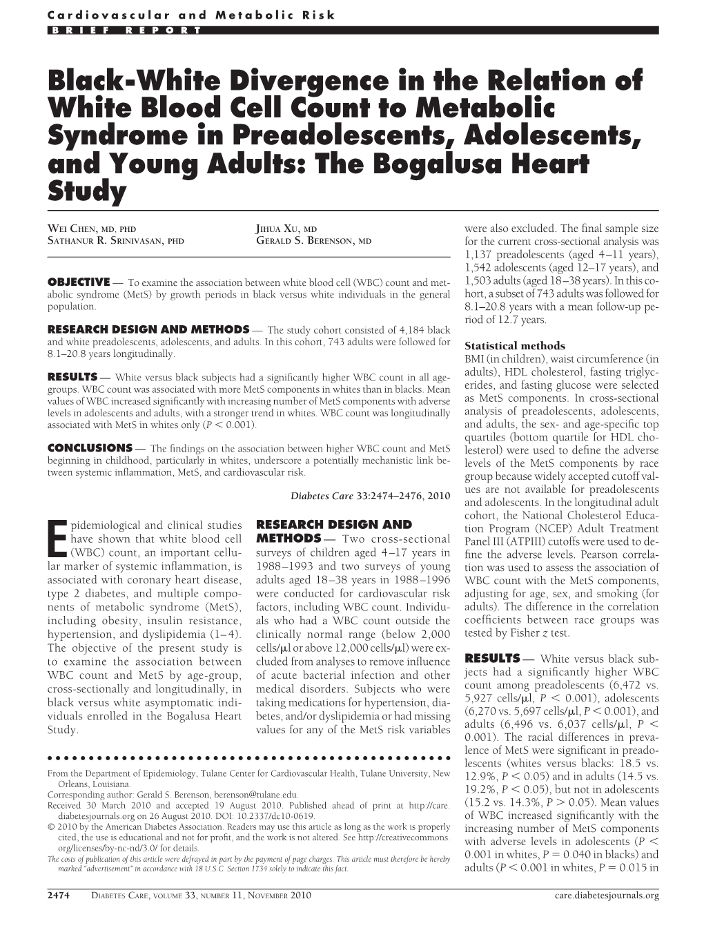 Black-White Divergence in the Relation of White Blood Cell Count to Metabolic Syndrome in Preadolescents, Adolescents, and Young Adults: the Bogalusa Heart Study