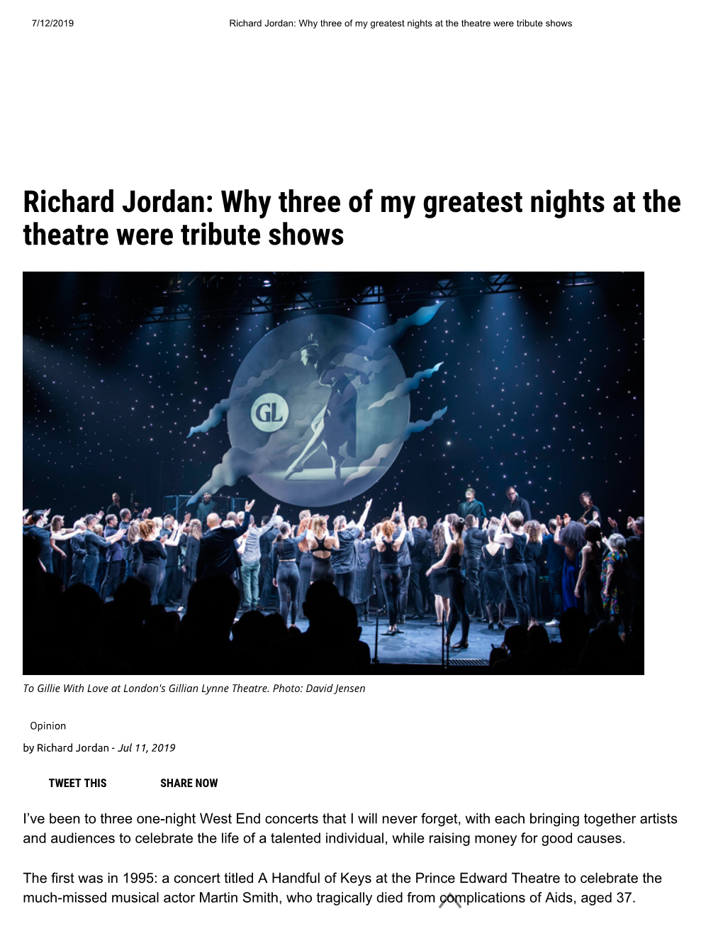 Richard Jordan: Why Three of My Greatest Nights at the Theatre Were Tribute Shows