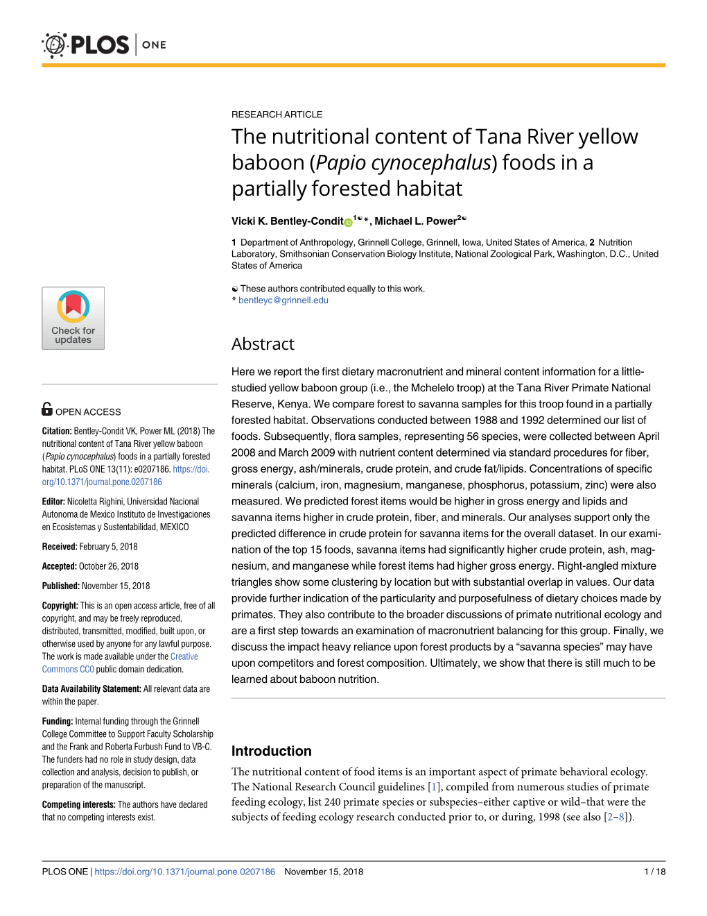 The Nutritional Content of Tana River Yellow Baboon (Papio Cynocephalus) Foods in a Partially Forested Habitat