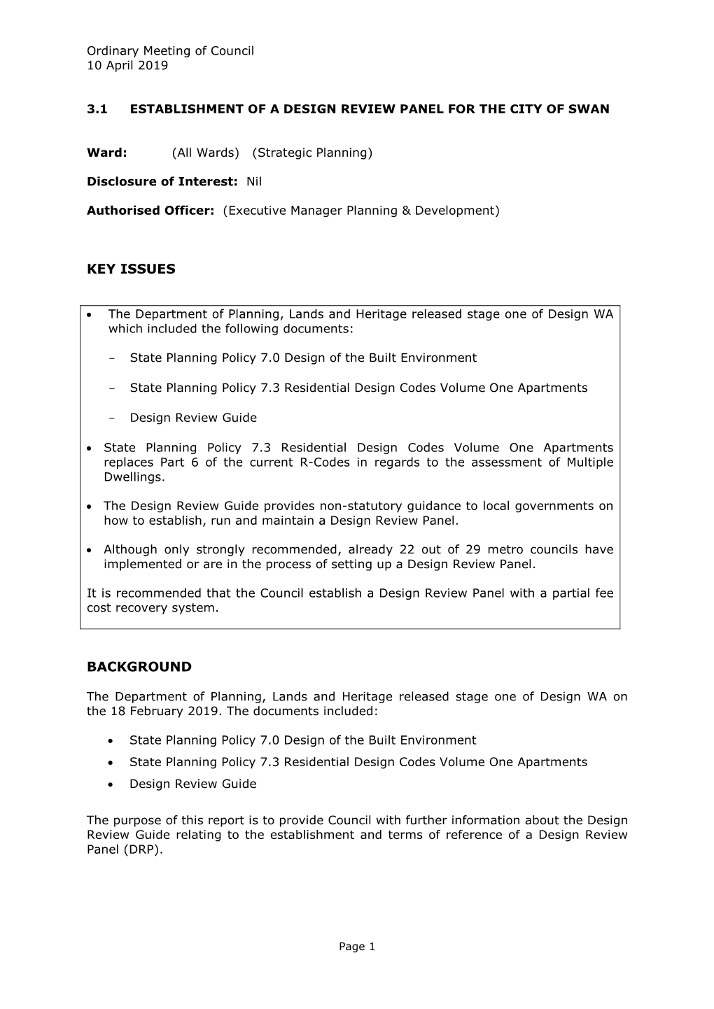Establishment of a Design Review Panel for the City of Swan