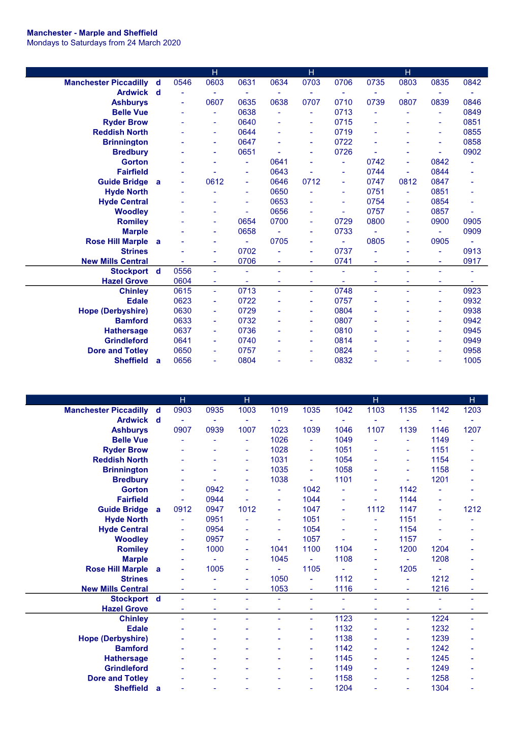 Marple and Sheffield Mondays to Saturdays from 24 March 2020 HHH Manchester Piccadilly D 0546 0603 0631 0634 0703