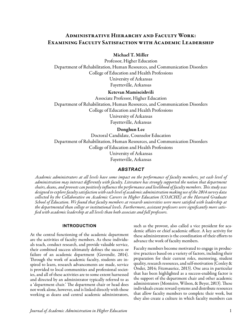 Administrative Hierarchy and Faculty Work: Examining Faculty Satisfaction with Academic Leadership