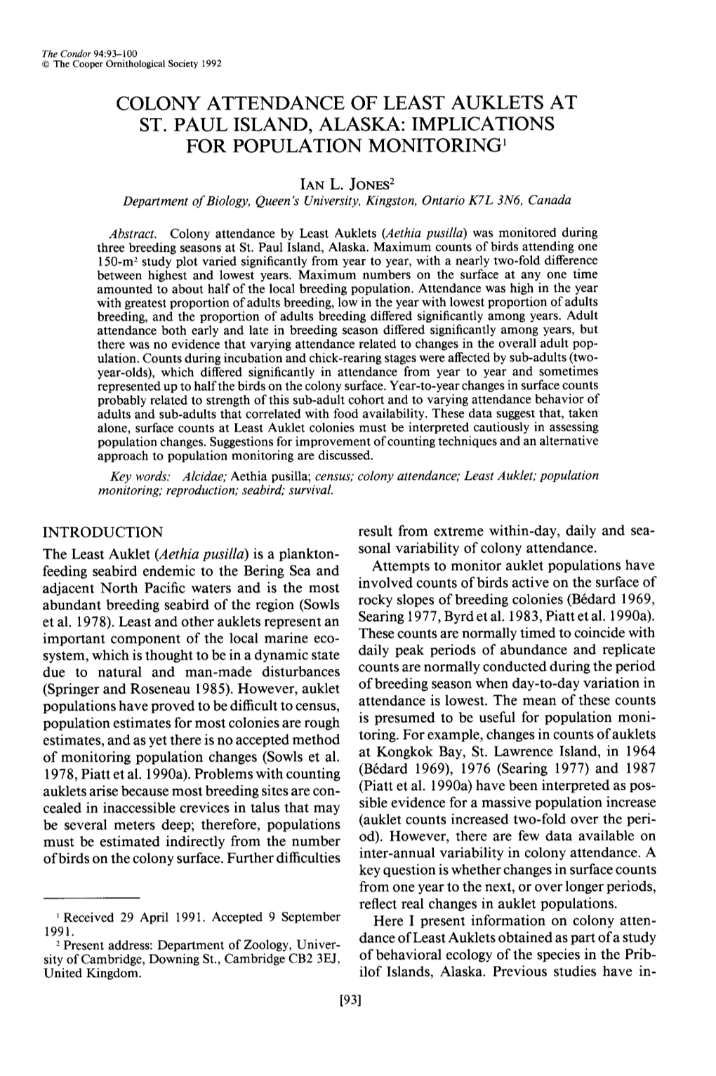 Colony Attendance of Least Auklets at St. Paul Island, Alaska: Implications for Population Monitoring