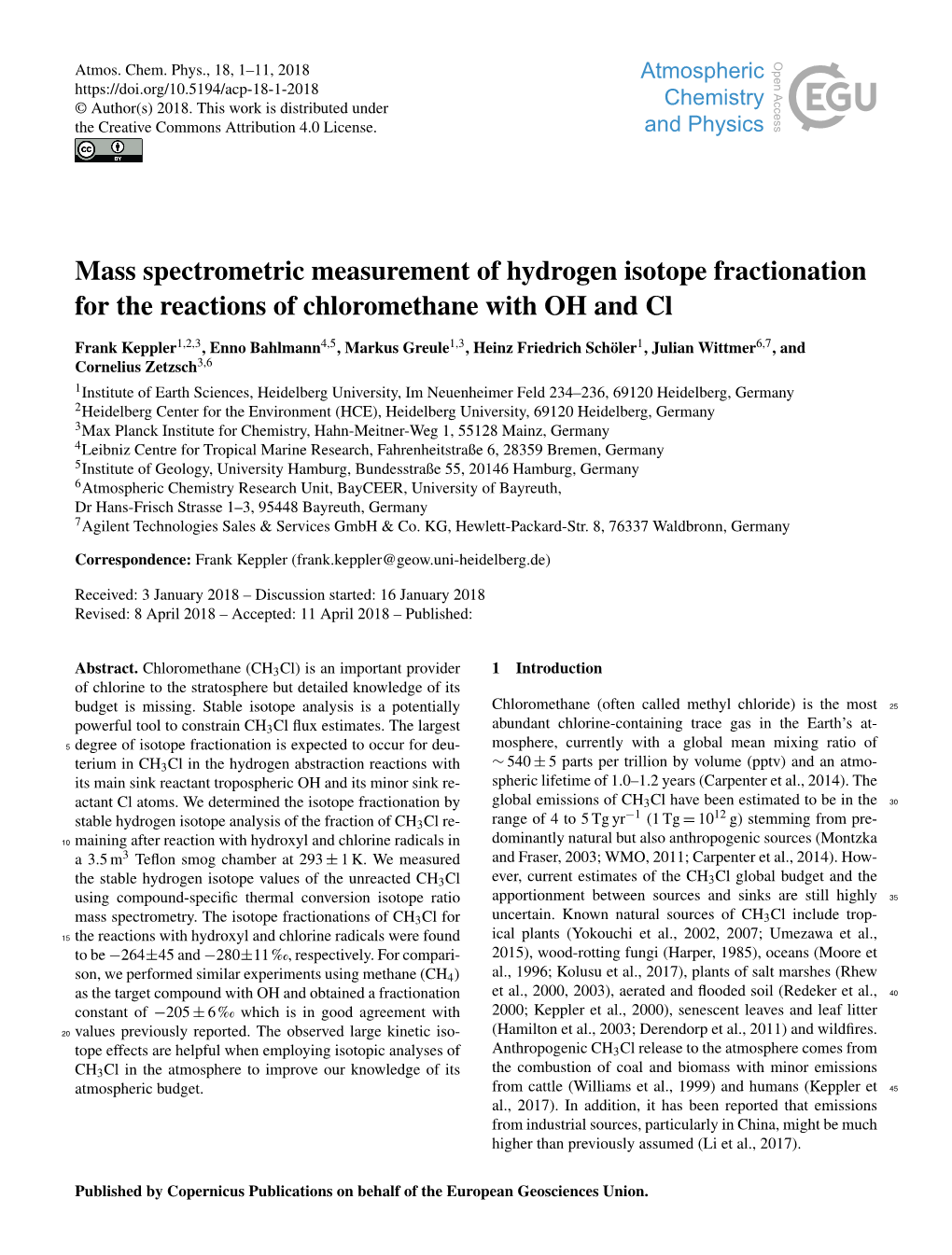 Mass Spectrometric Measurement of Hydrogen Isotope Fractionation for the Reactions of Chloromethane with OH and Cl