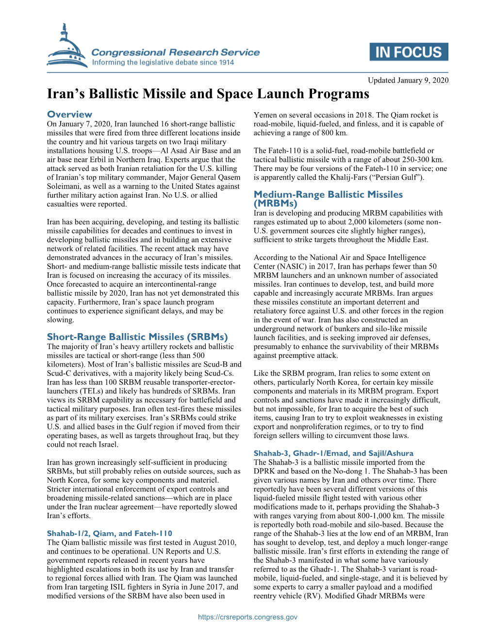 Iran's Ballistic Missile and Space Launch Programs