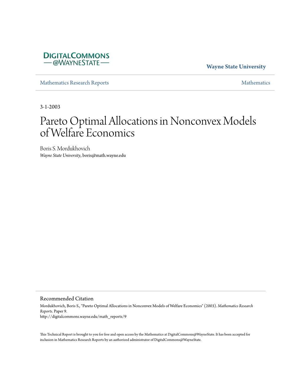 Pareto Optimal Allocations in Nonconvex Models of Welfare Economics Boris S