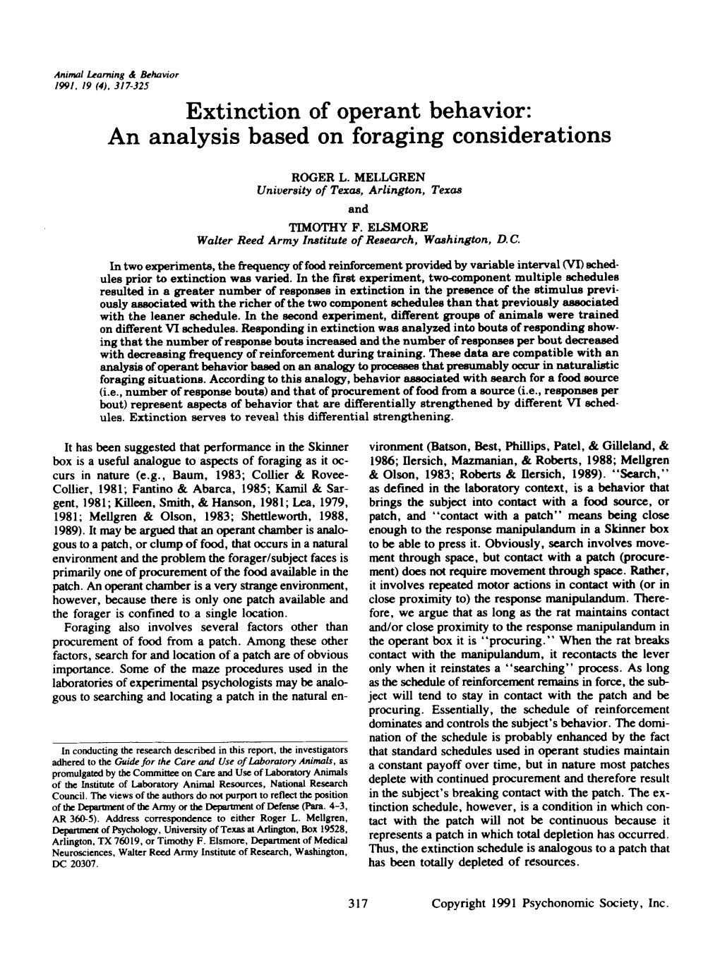 Extinction of Operant Behavior: an Analysis Based on Foraging Considerations