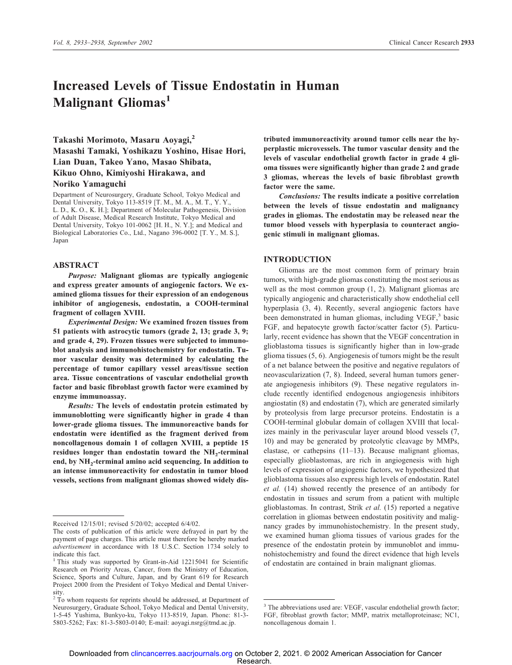 Increased Levels of Tissue Endostatin in Human Malignant Gliomas1