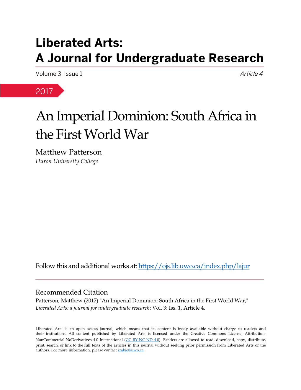 An Imperial Dominion: South Africa in the First World War Matthew Patterson Huron University College