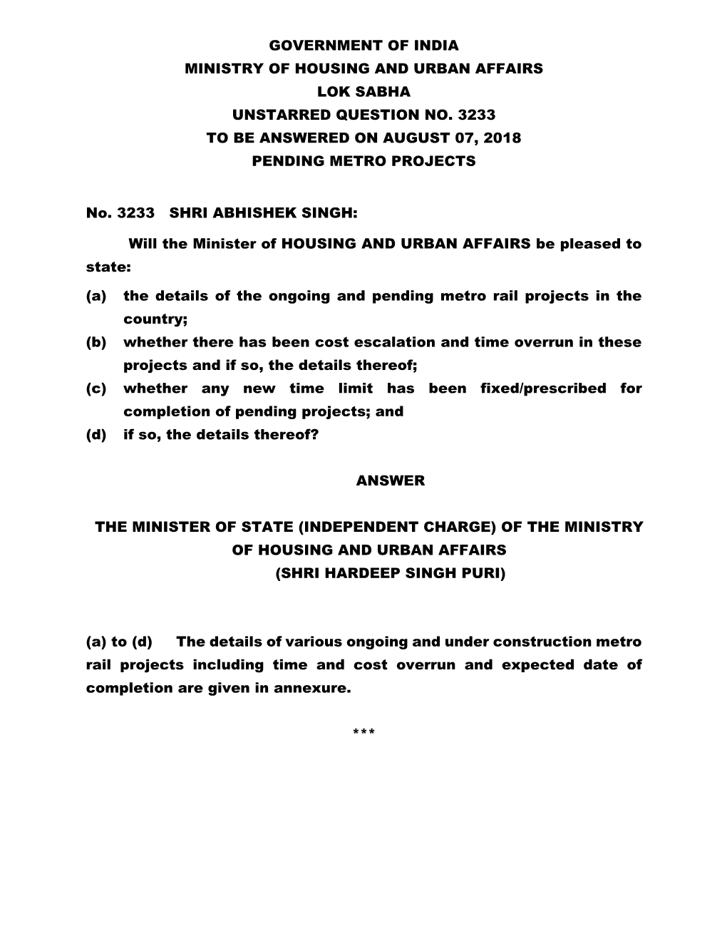 Government of India Ministry of Housing and Urban Affairs Lok Sabha Unstarred Question No