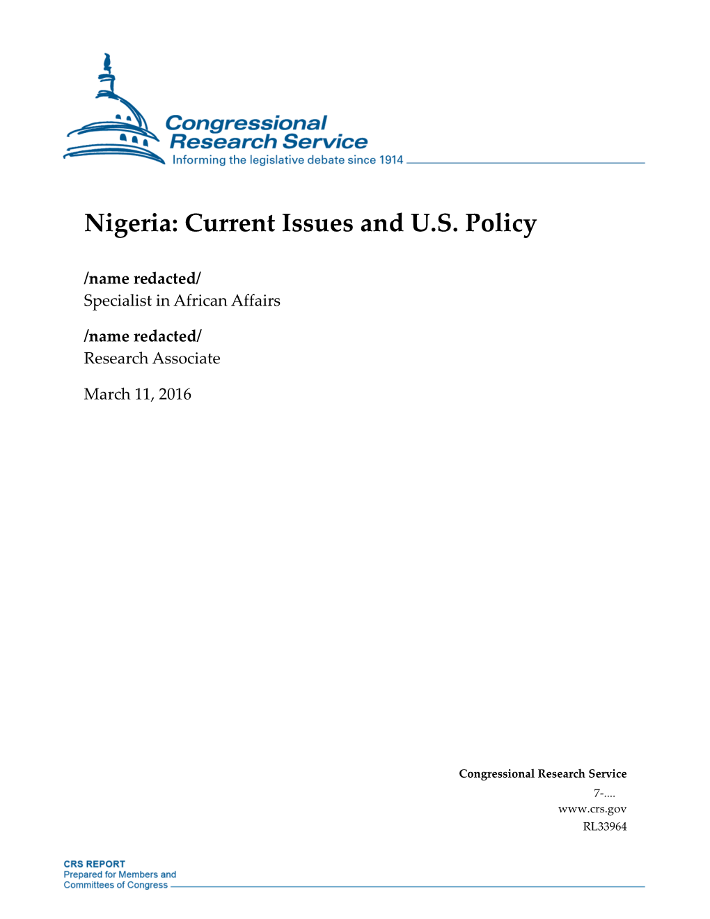 Nigeria: Current Issues and U.S. Policy