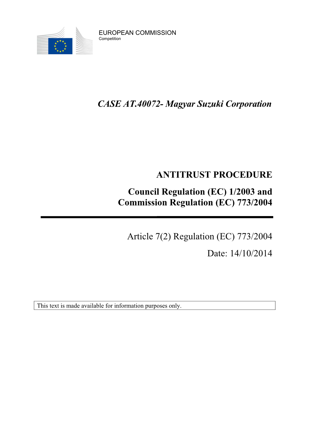 CASE AT.40072- Magyar Suzuki Corporation ANTITRUST