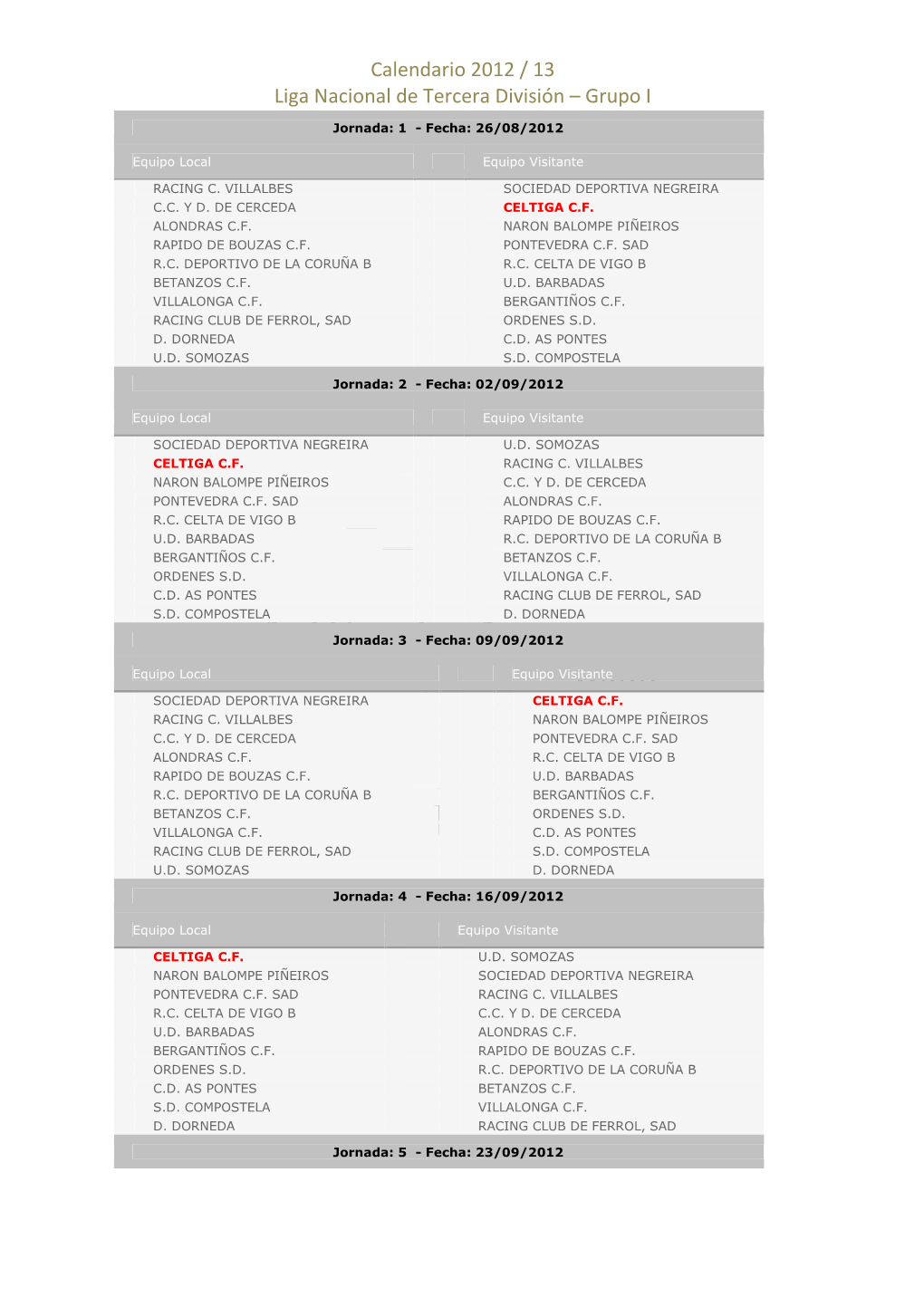 Calendario 2012 / 13 Liga Nacional De Tercera División – Grupo I