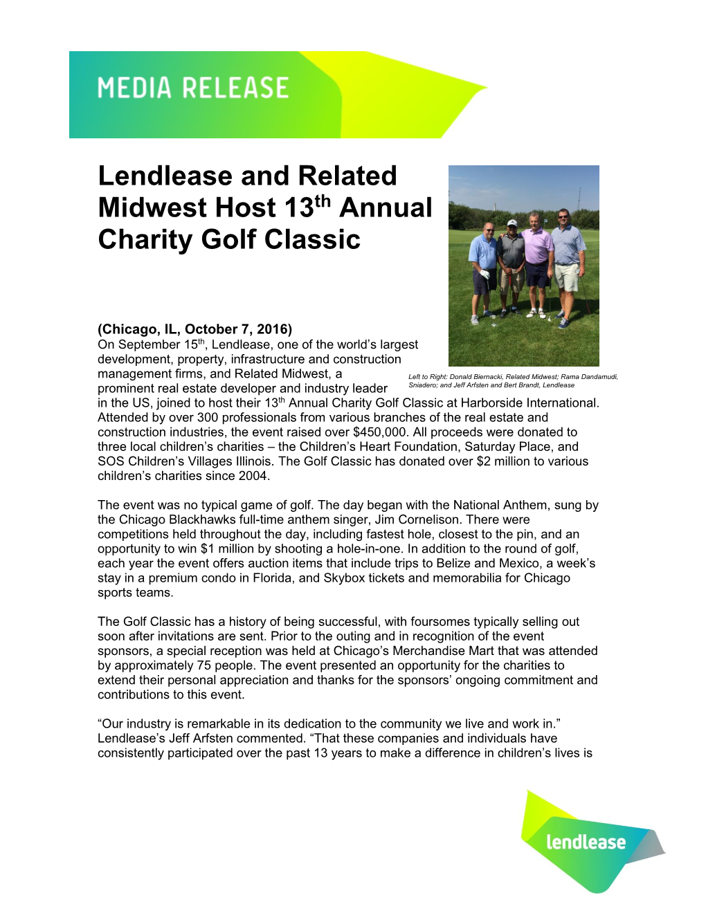 Lendlease and Related Midwest Host 13Th Annual Charity Golf Classic