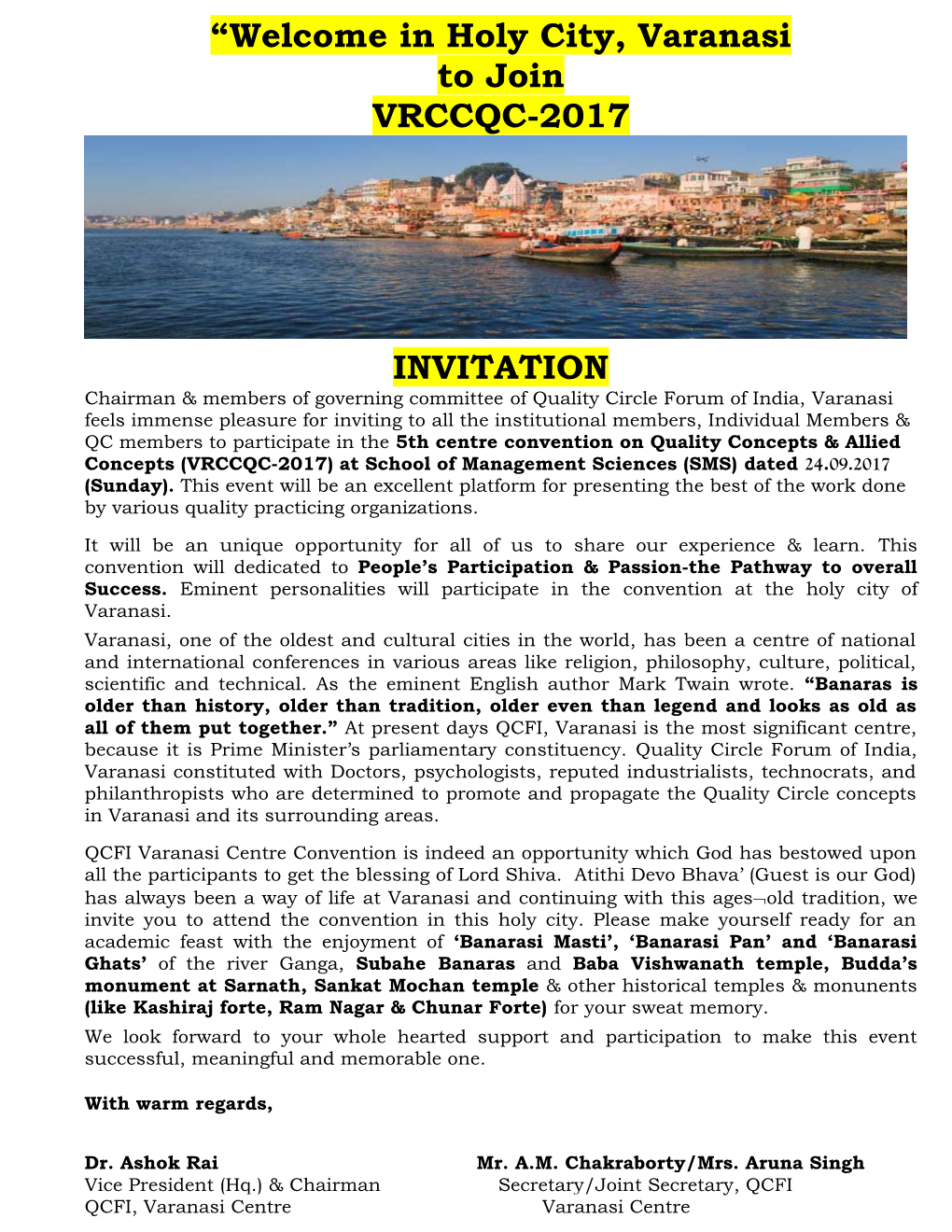 In Holy City, Varanasi to Join VRCCQC-2017 INVITATION