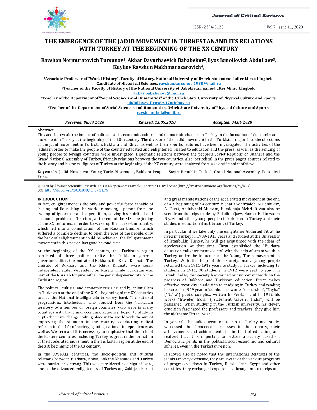 The Emergence of the Jadid Movement in Turkestanand Its Relations with Turkey at the Beginning of the Xx Century