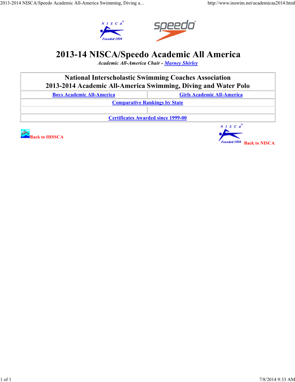 2013-2014 NISCA/Speedo Academic All-America Swimming, Diving and Water Polo